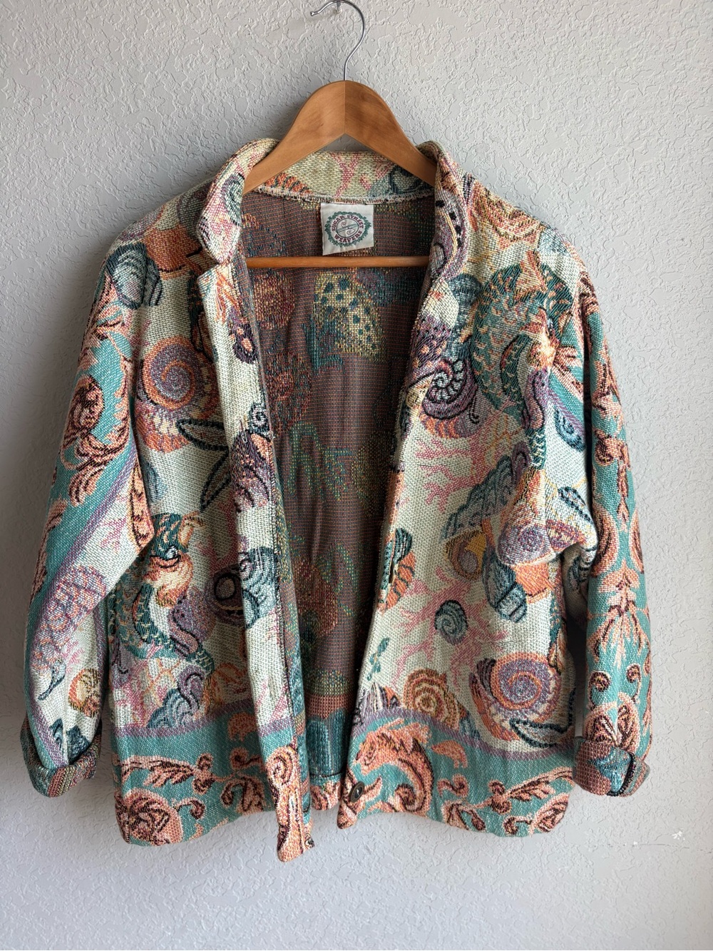 Sugar Street Weavers Vintage Coastal Seashell Tapestry Jacket USA Cotton